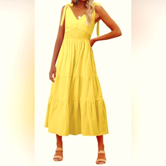 Dresses & Skirts - $89 Retail Bohemian style yellow smocked shoulder tie dress